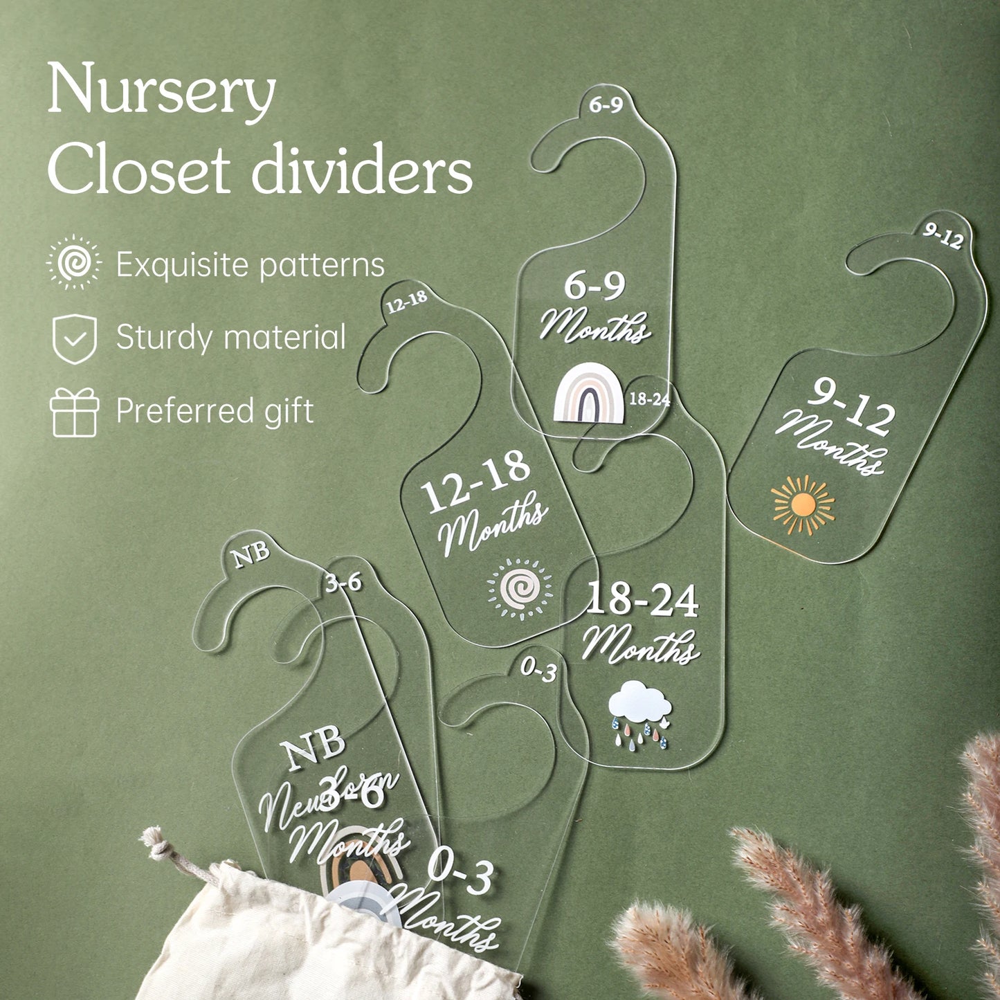 Keep your nursery tidy with our Babylove transparent acrylic wardrobe dividers! Weighing 130g and packaged in a cotton bag, these minimalist, unisex dividers are perfect for organizing baby clothes from 0-24 months. Ideal for creating a neat wardrobe and a charming keepsake