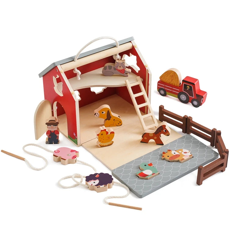 Wooden Montessori farm setting toy with a removable roof, two-story design, and detachable yard, suitable for ages 0-18+. Certified CE/CPC for safety. Promotes creativity and observation skills. Packaged in a gift box, weighs 812g