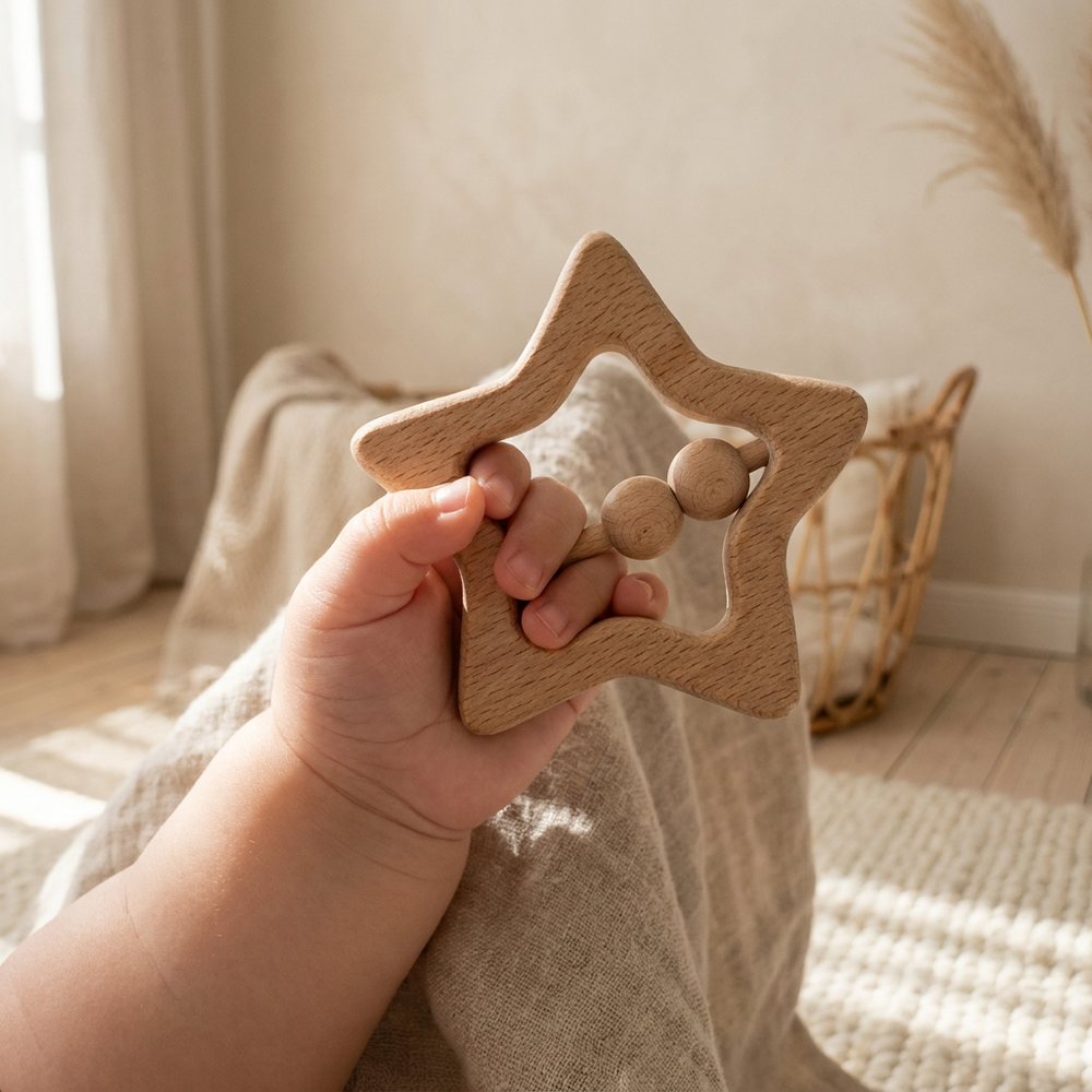 A baby's hand holding a wooden star rattle
