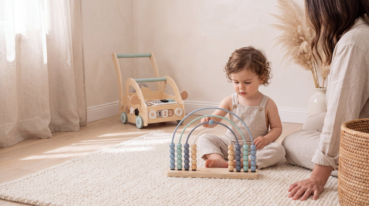 A toddler sliding beads along a wooden rainbow abacus on a cream rug, a parent sitting beside them