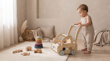 Toddler pushing a wooden activity walker beside baby rattles and a silicone stacking tower in a sand-coloured nursery