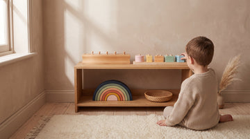 Child sitting on a cream rug in front of a low oak Montessori shelf with a knobbed cylinder block, a pastel shape stacker and a rainbow arch