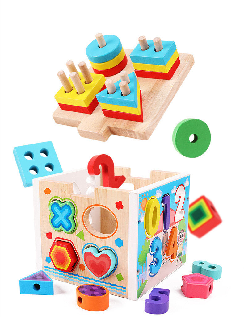 Wooden shape, number and lacing cube peg board lid and pieces