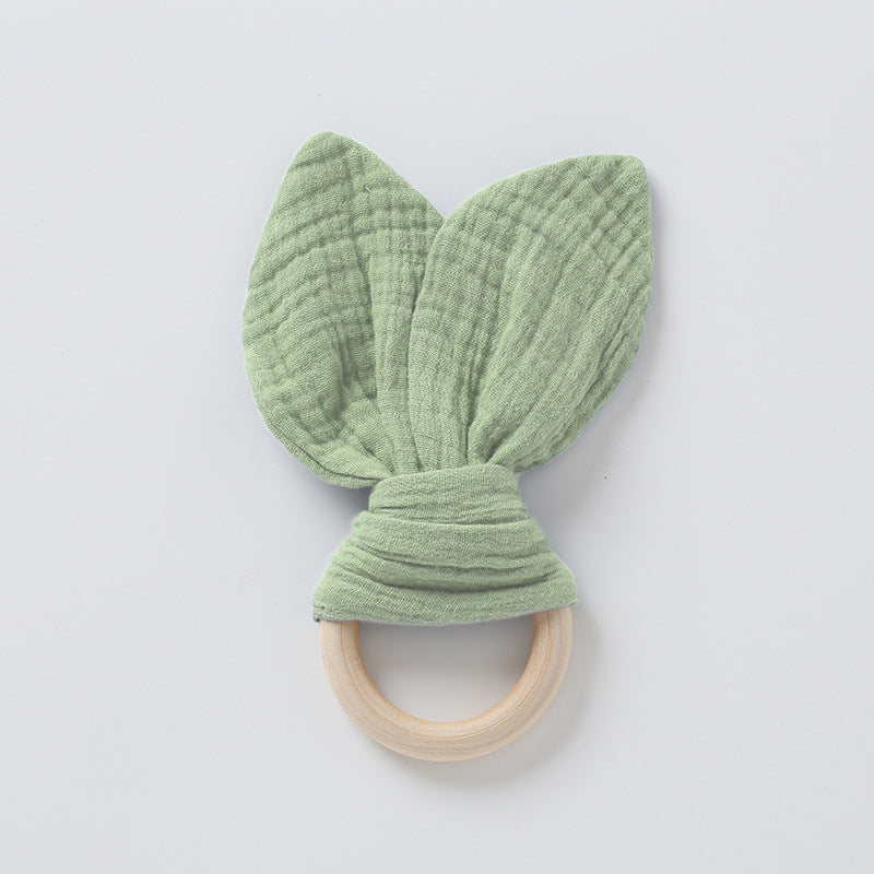 Sage green muslin bunny ear teether ring