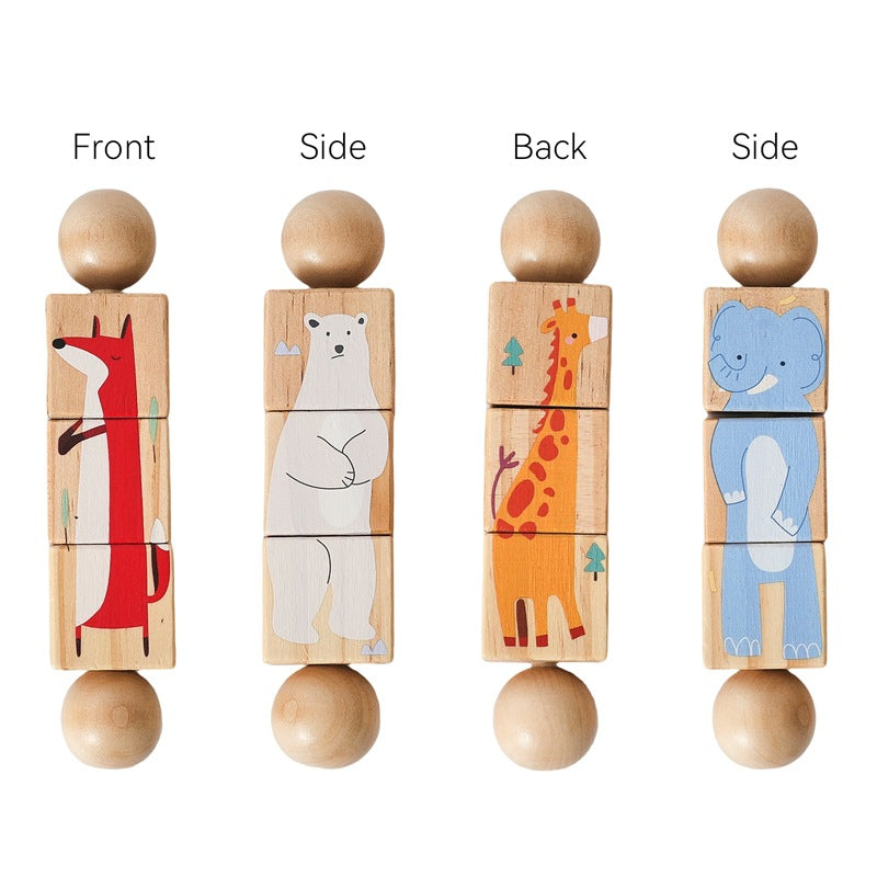 Wooden rotating puzzle, fox and polar bear design, all four sides