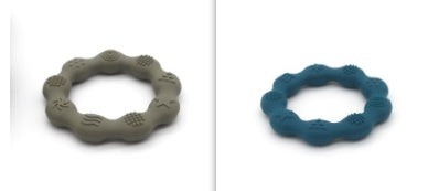 Silicone textured ring teether pair in sage green and dark blue