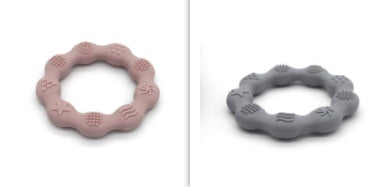 Silicone textured ring teether pair in light pink and grey