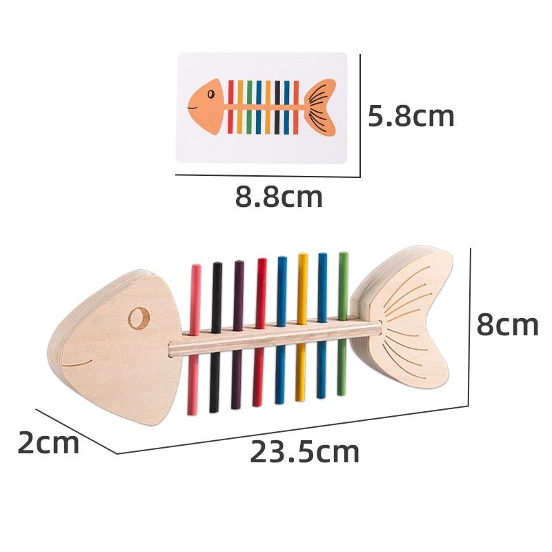 Wooden fishbone color sorting game with measurements