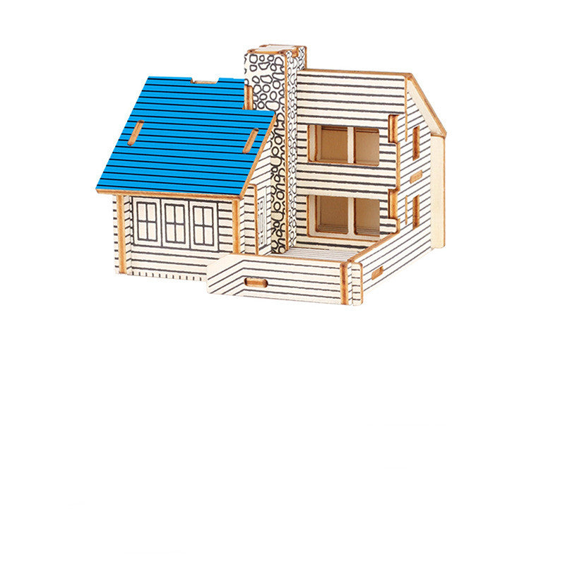Log cabin wooden 3D puzzle with blue roof