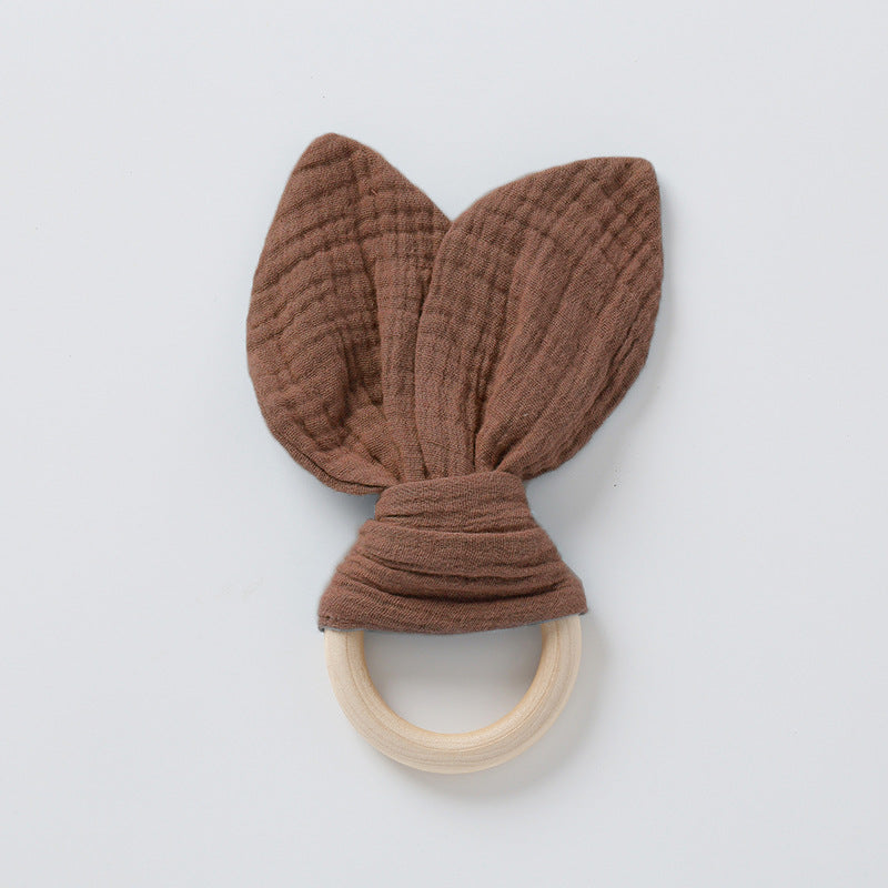 Chestnut brown muslin bunny ear teether ring