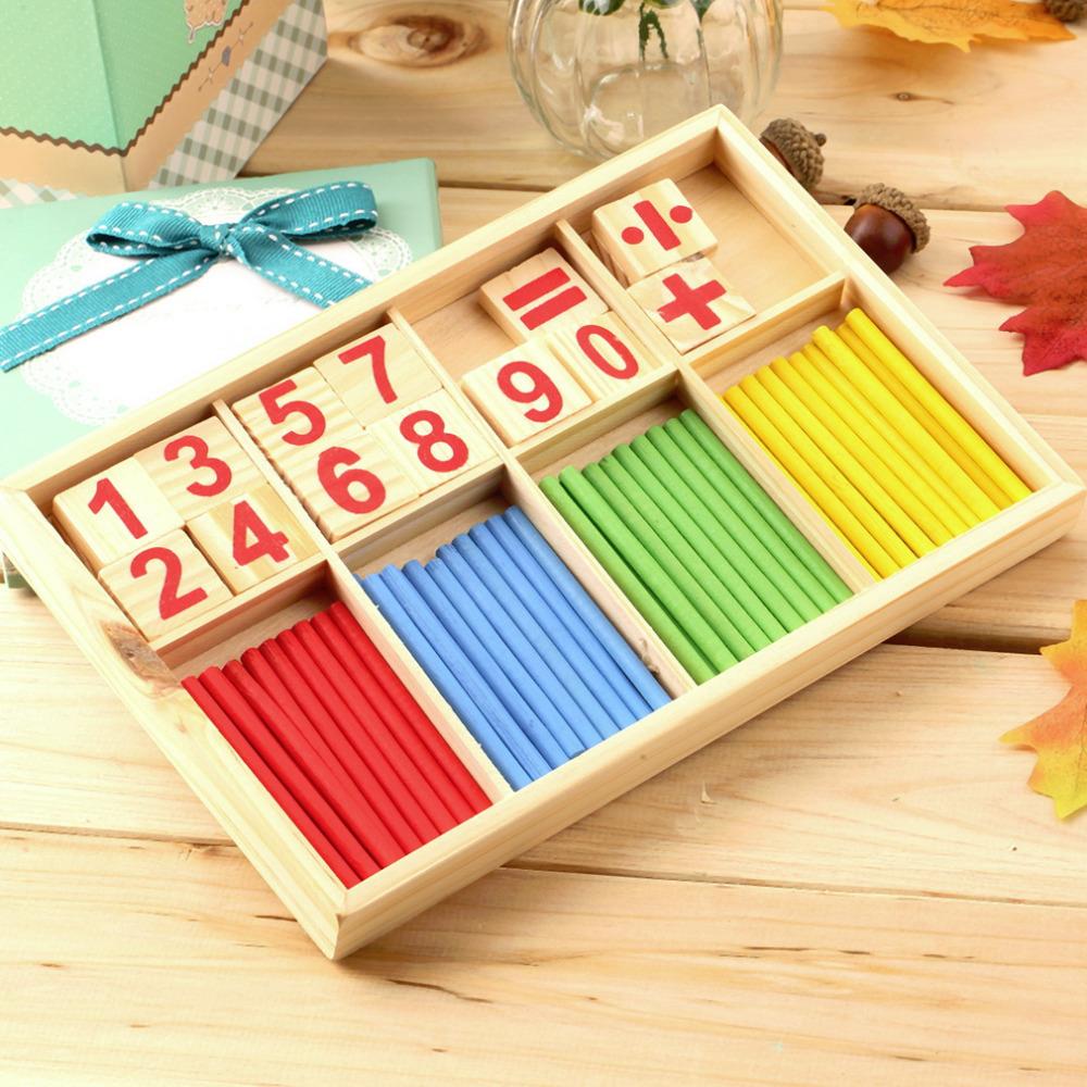 Wooden math counting sticks set on a wooden table