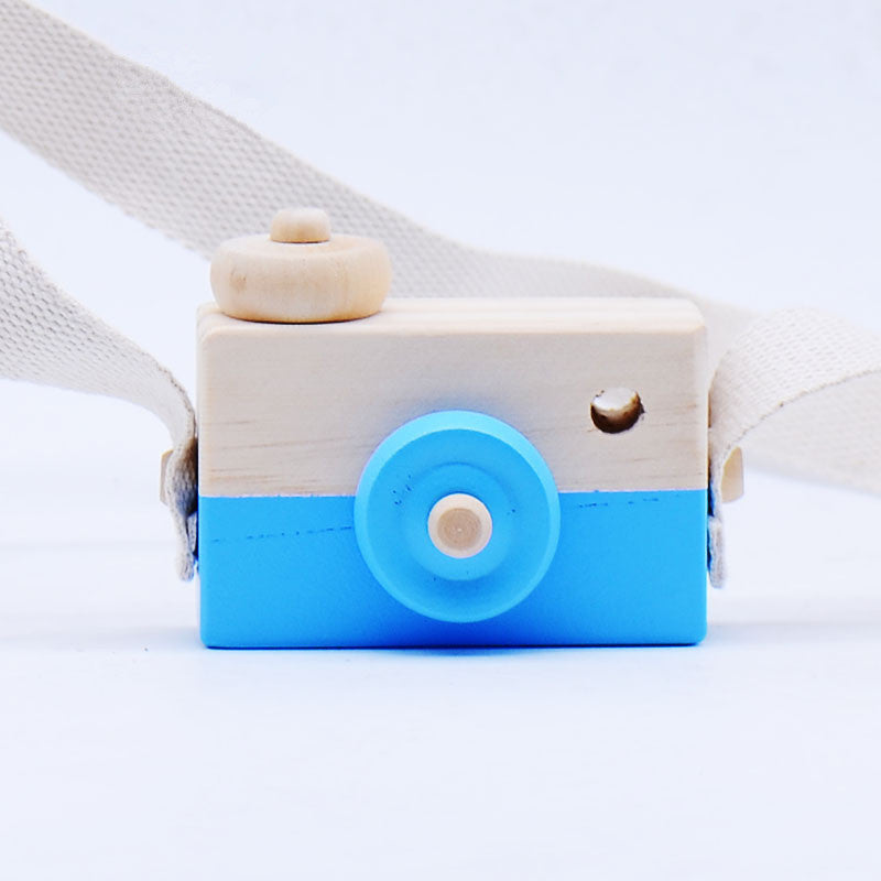 Blue wooden toy camera with cotton strap