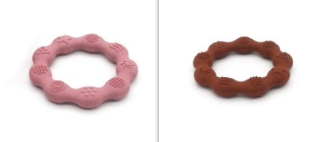 Silicone textured ring teether pair in pink and rust brown
