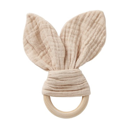 Muslin Bunny Ear Teether Ring on white background