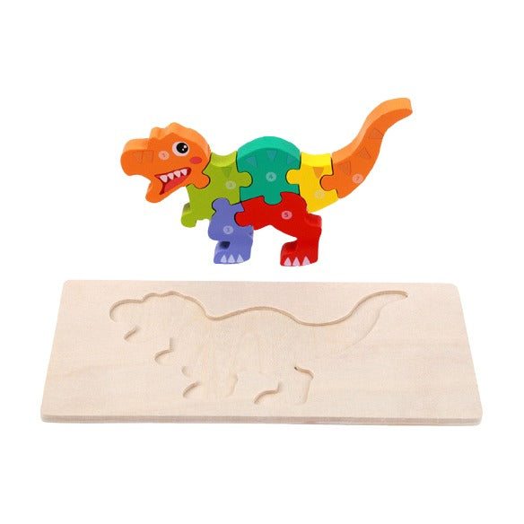 Wooden Dinosaur Jigsaw Puzzle on white background