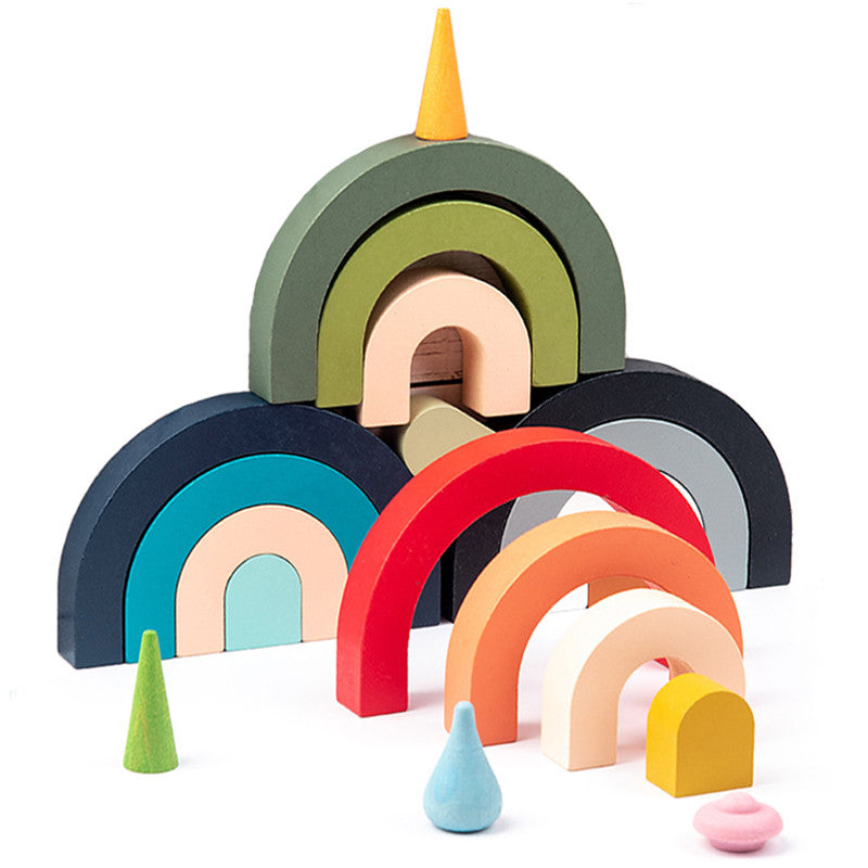 Wooden rainbow stacking arch all four colourways stacked together