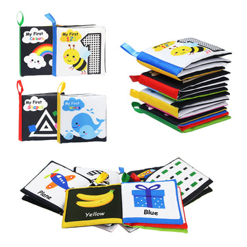 All four high contrast baby cloth books on white background
