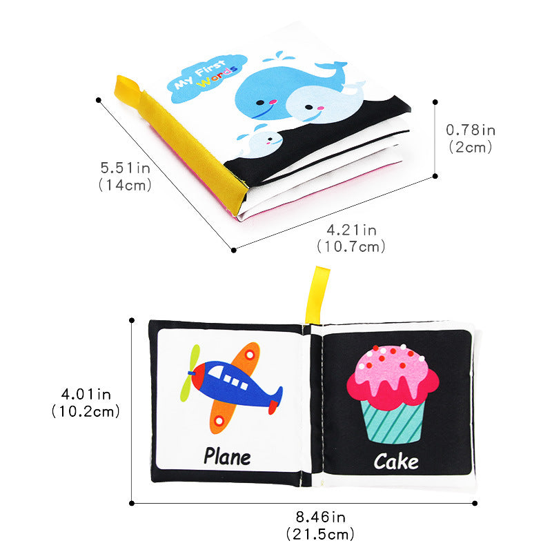High contrast baby cloth book with size measurements