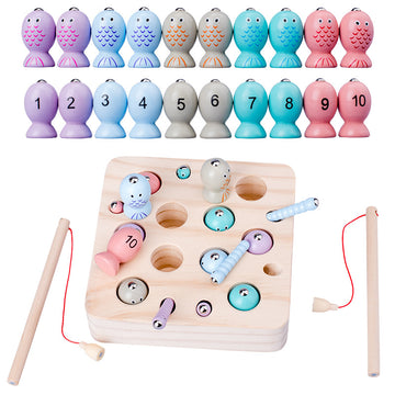 Magnetic fish and worm catching game board, fish and rods on white background