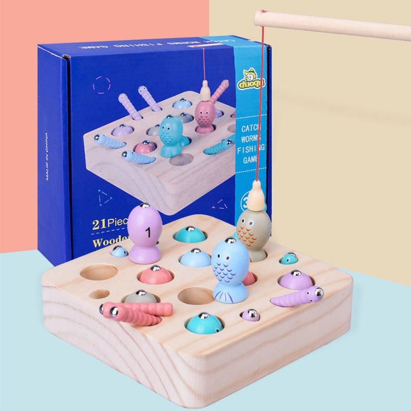 Magnetic fish and worm catching game with packaging