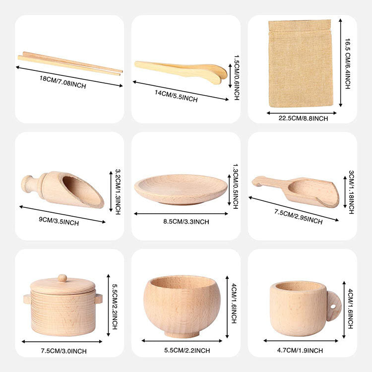 Wooden sensory bin tool set with size of each piece
