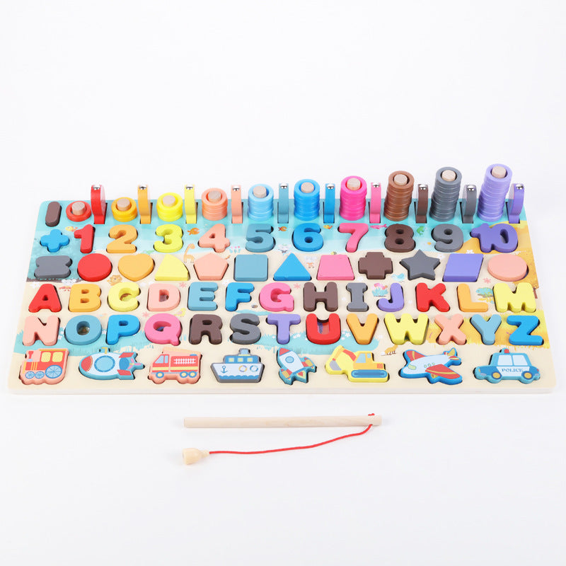 Wooden alphabet number learning board on white background
