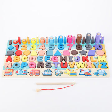 Wooden alphabet number learning board on white background