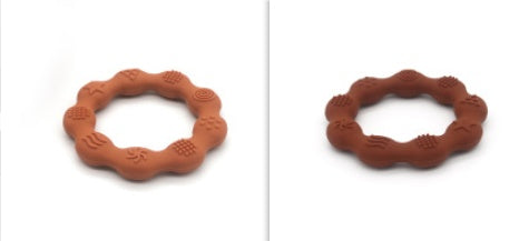 Silicone textured ring teether pair in orange and rust brown