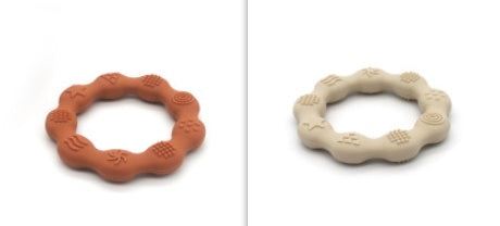 Silicone textured ring teether pair in orange and beige