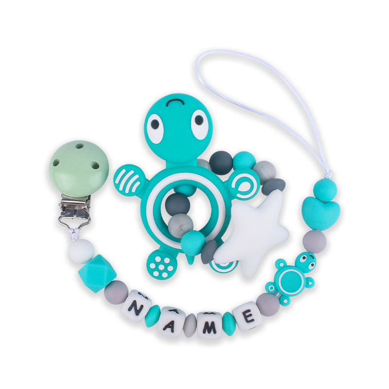 Silicone turtle teether pacifier clip teal