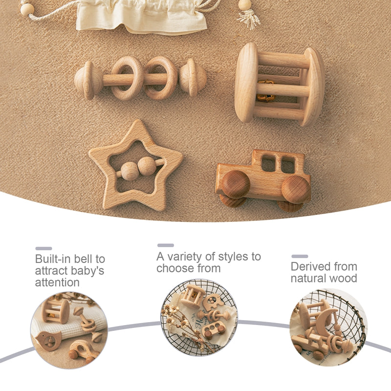 Wooden baby rattle set details and close-ups