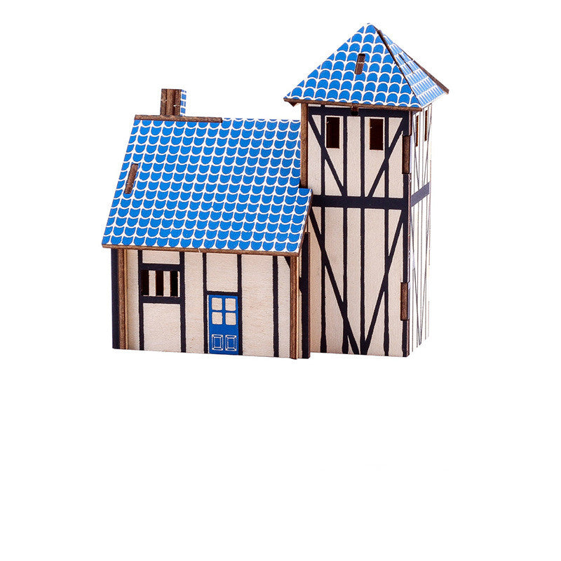 Blue tower house wooden 3D puzzle