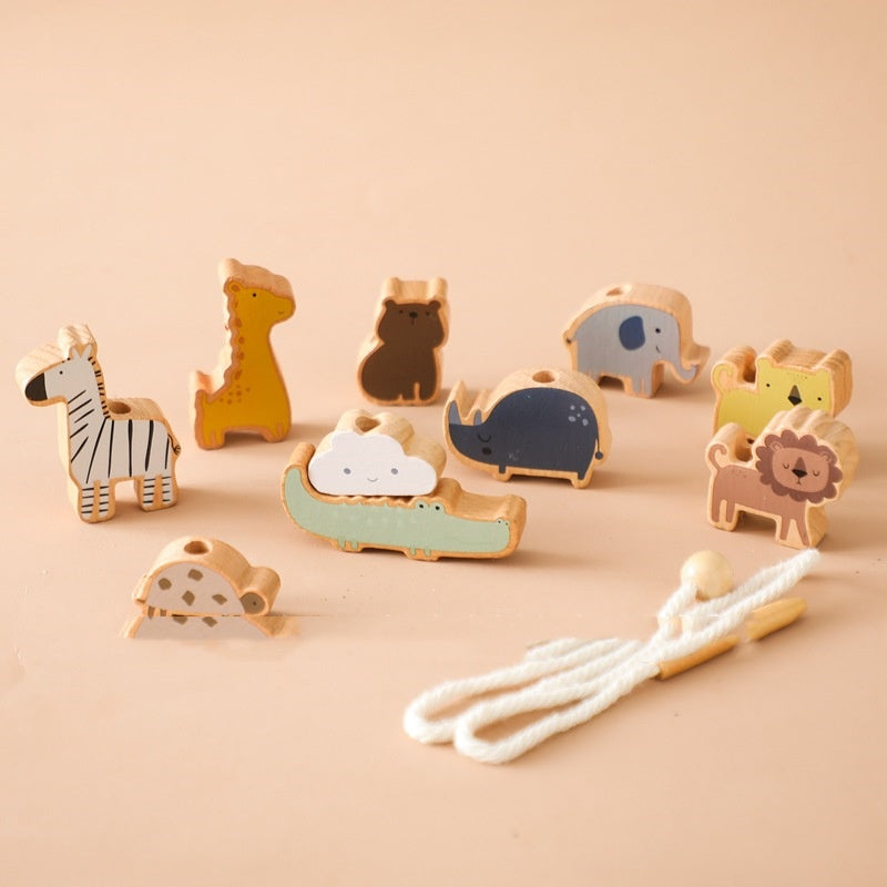 Wooden safari animal lacing pieces and threading cord