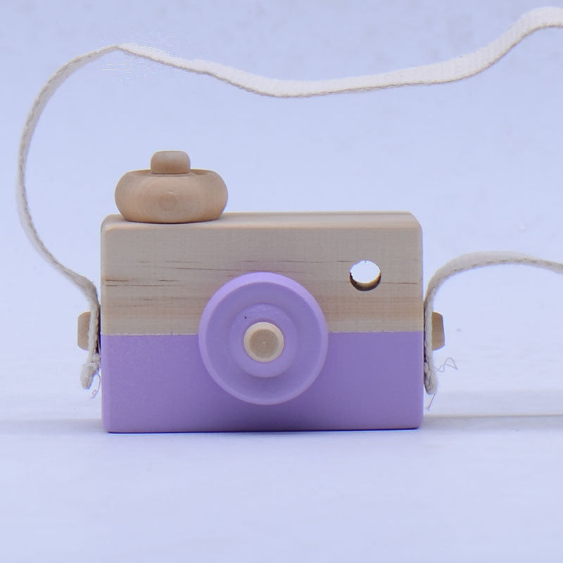 Lilac wooden toy camera with cotton strap