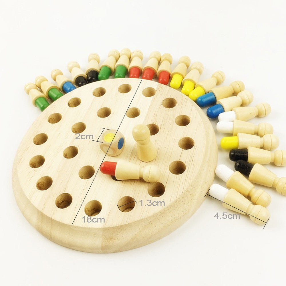 Wooden color memory game board with pegs and size details