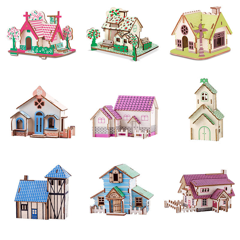 Collection of nine wooden 3D house puzzles