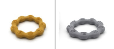 Silicone textured ring teether pair in mustard yellow and grey
