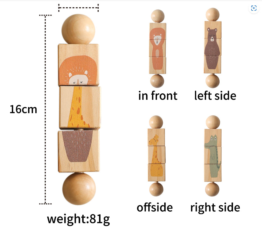 Wooden rotating puzzle size and sides diagram