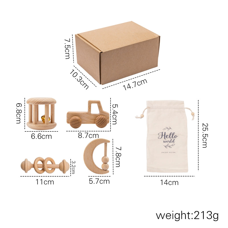 Pickup and moon wooden rattle set with gift box and bag