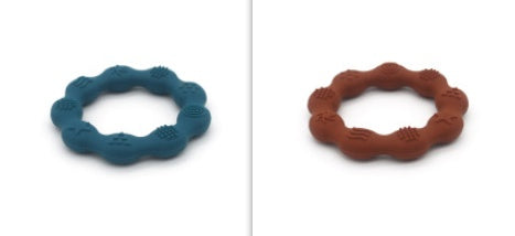 Silicone textured ring teether pair in dark blue and rust brown