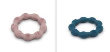 Silicone textured ring teether pair in light pink and dark blue