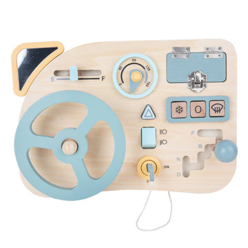 Wooden steering wheel busy board on white background