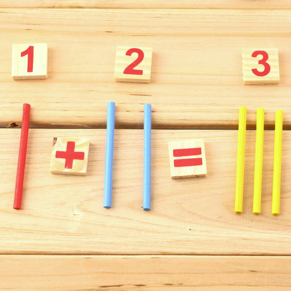 Wooden math counting sticks set showing a simple sum