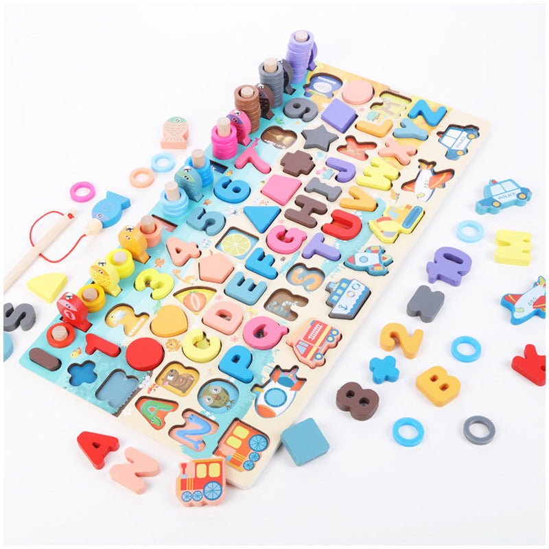 Wooden alphabet number learning board with fishing rod