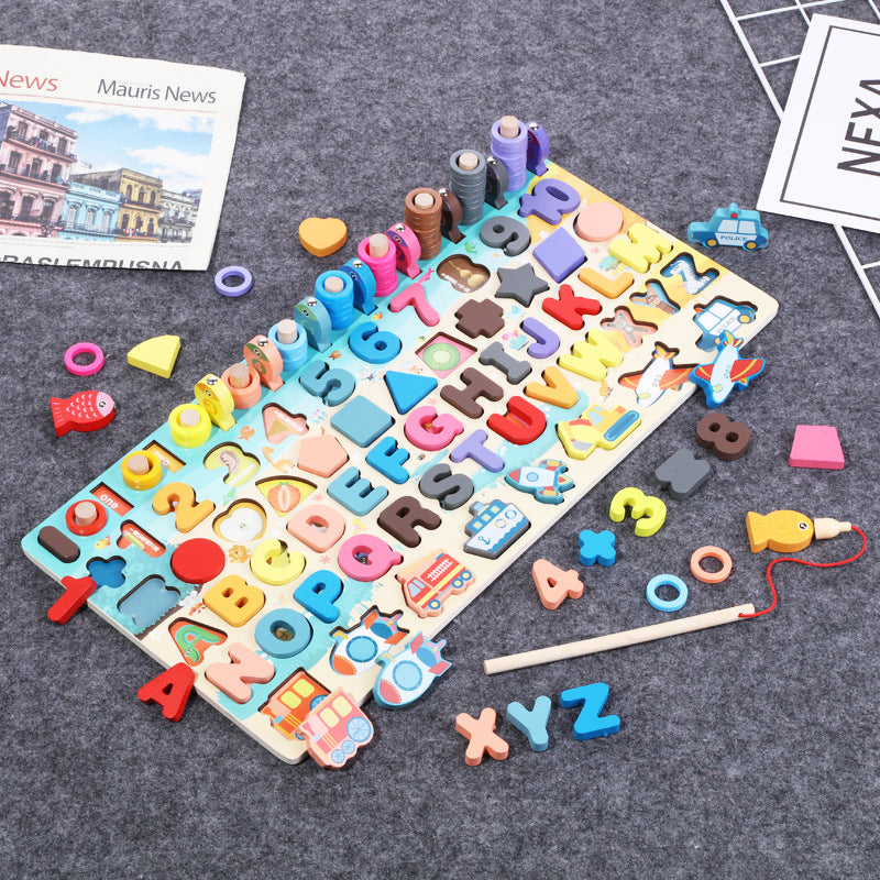 Wooden alphabet and number learning board with pieces