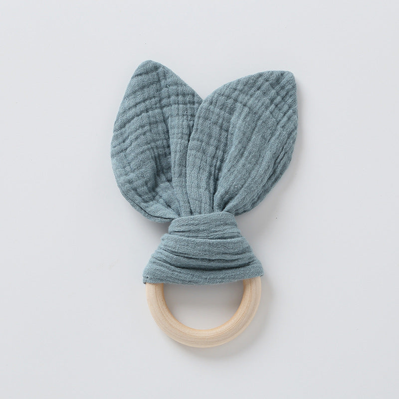 Slate blue muslin bunny ear teether ring