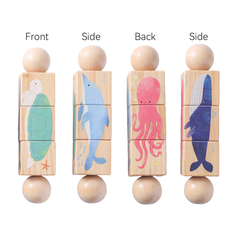 Wooden rotating puzzle, sea animals design, all four sides