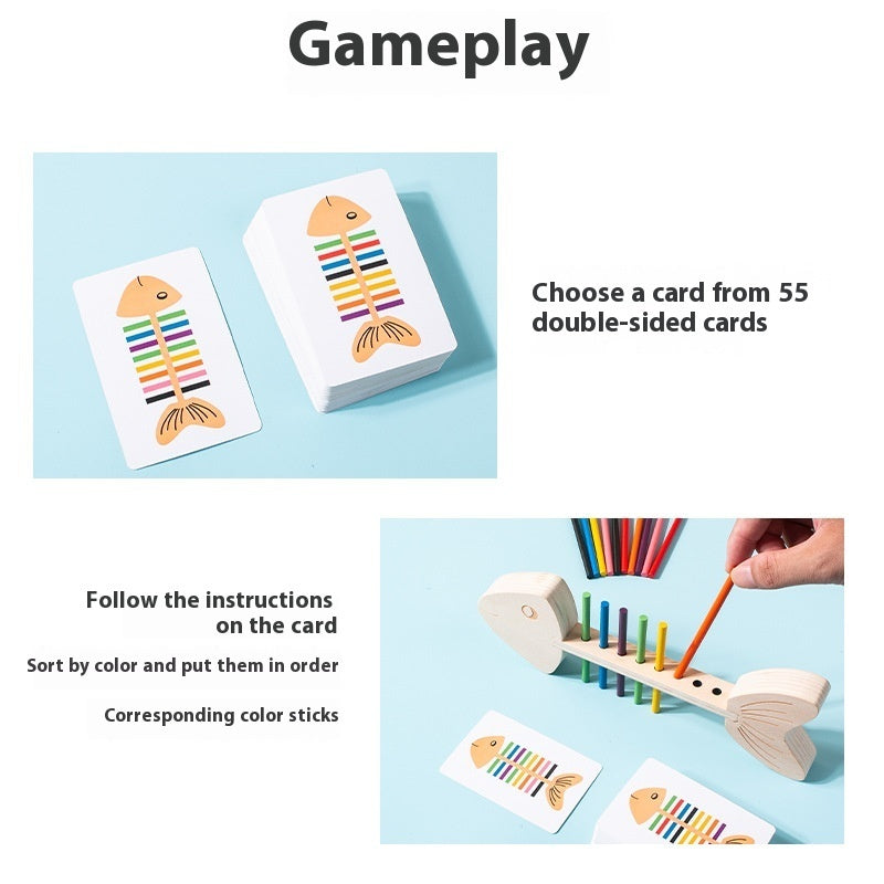 Wooden fishbone color sorting game how to play with pattern cards