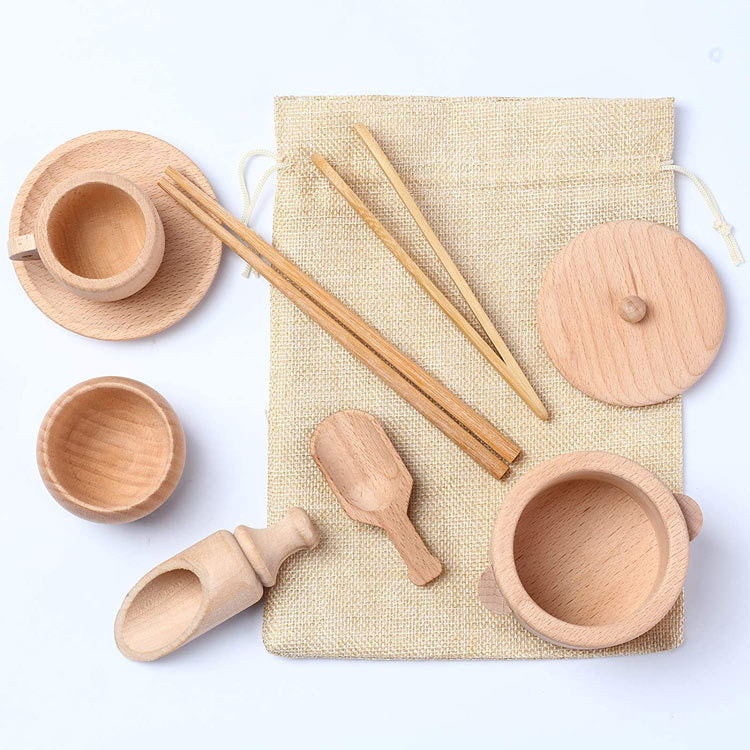 Wooden sensory bin tool set with jute storage bag