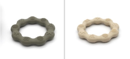Silicone textured ring teether pair in sage green and beige